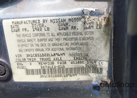 2002 Nissan Sentra Gxe z USA, uszkodzony, nr VIN 3N1CB51D22L689649